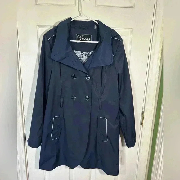 GUESS navy double breasted trench hooded contrast trim logo buttons. Size XL EUC - Picture 1 of 12